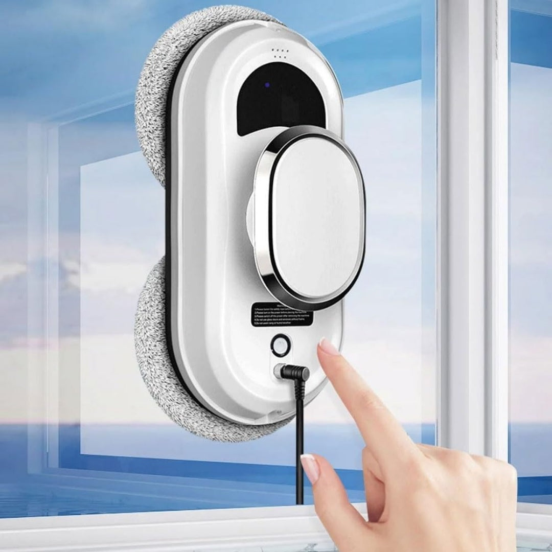 Robot lave vitres, coloris blanc et gris, avec un reglage par application
