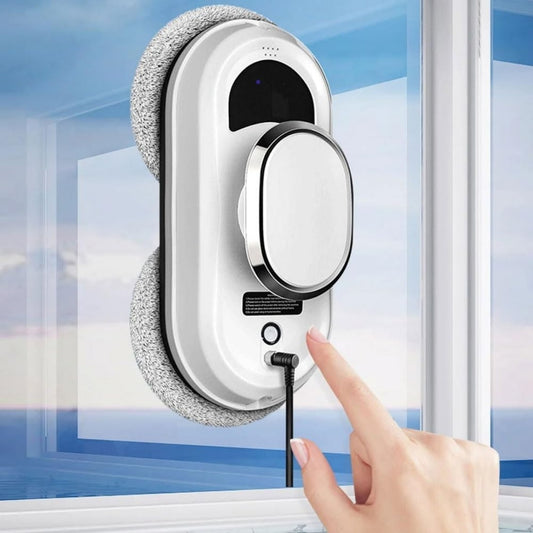 Robot lave vitres, coloris blanc et gris, avec un reglage par application