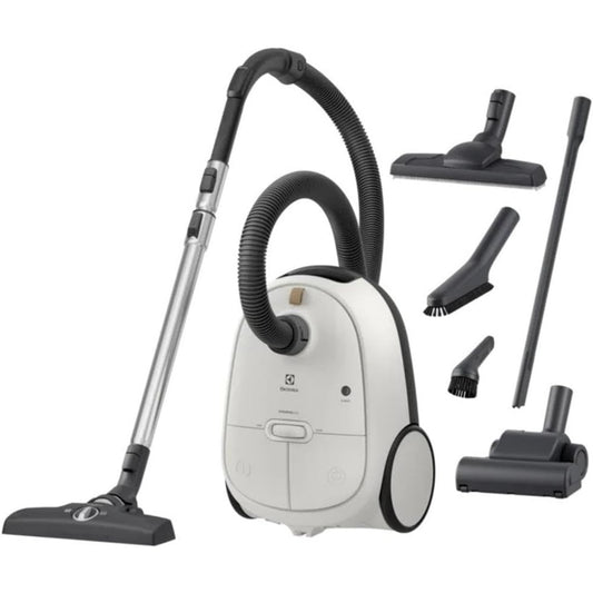 Aspirateur de sol sur roues associant l'entretien des sols au coloris gris et blanc