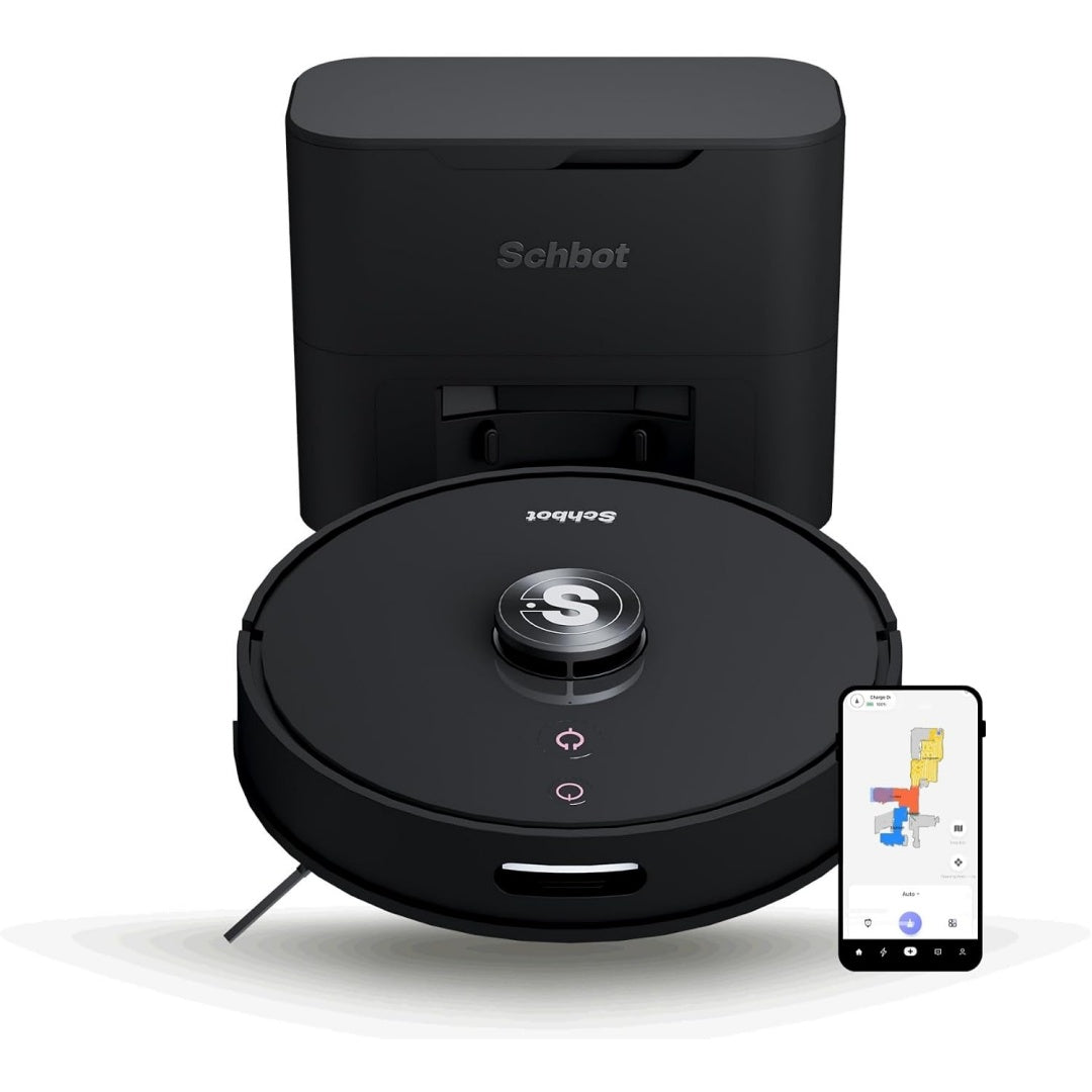 Robot avec base de collecte avec une filtration des particules fines, coloris noir et gris